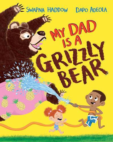 Illustration of children spraying large brown bear with a hosepipe